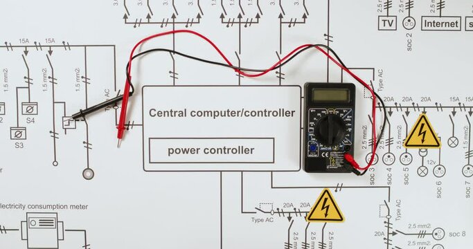 Technician arranges warning stickers around multimeter on drawing upper view. Worker warns about high voltage on electrical schematic diagram