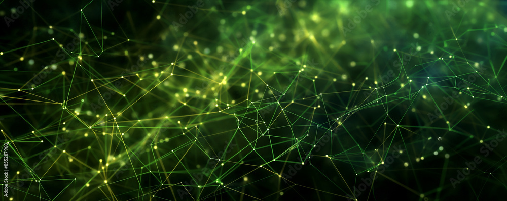 Poster abstract digital background with glowing lines and dots forming a network, black backdrop with green
