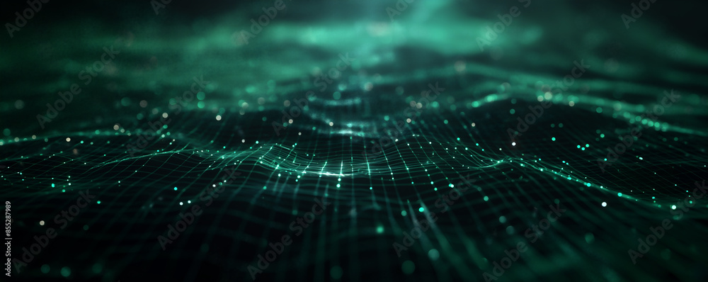 Wall mural abstract digital background with glowing lines and dots forming a network, black backdrop with green