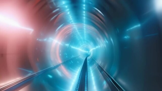 A futuristic hyperloop tunnel is showcased, featuring illuminated tracks and vibrant beams of colored lights. The perspective offers a visually engaging view deep into the tunnel, radiating a modern,