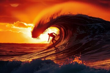 High-Energy Surfer Riding Dramatic Curling Wave at Sunset - Perfect for Print, Poster, or Card Design