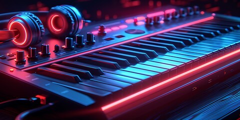 Fototapeta premium Neon-lit Keyboard and Headphones
