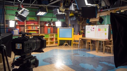 A close-up of a camera positioned in a studio with multiple lights and a classroom set in the background.