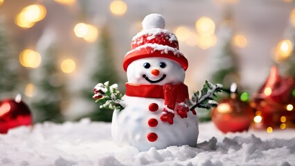 Obraz premium A snow-covered landscape, shining, joyful, decorated with Christmas garlands, in the foreground and a cheerful snowman with a carrot nose, charcoal eyes and a bright red scarf.