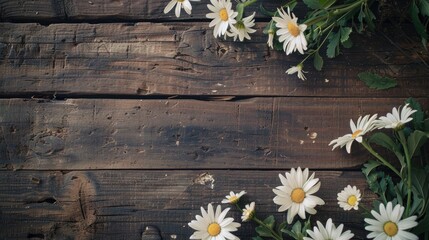 Obraz premium Vintage floral mockup on wooden background with white daisies and space for message or images
