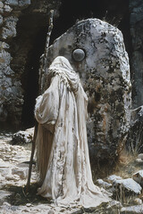 Medieval monk in tattered robe with staff standing by ancient stone in a mysterious landscape, ideal for historical and fantasy-themed projects