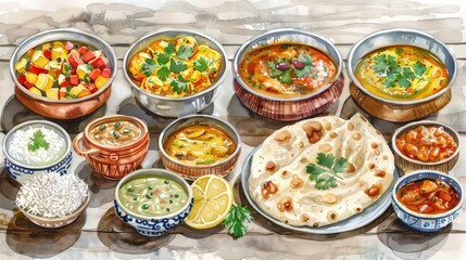 A variety of Indian food dishes are on display, including rice, naan, and curries.