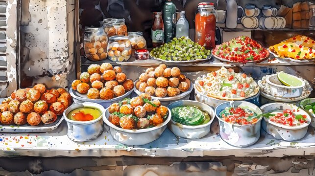A variety of delicious and fresh ingredients are on display at a street food stall.