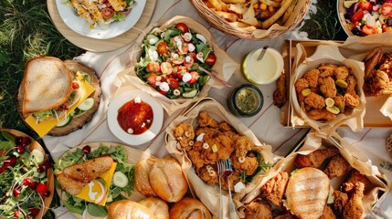 Fototapeta premium Summer Picnic with Friends Enjoying Fresh Chicken Dishes on a Cozy Plaid Blanket Outdoors