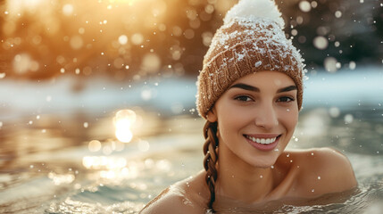Fototapeta premium winter swimming, young smiling woman in the mountain lake