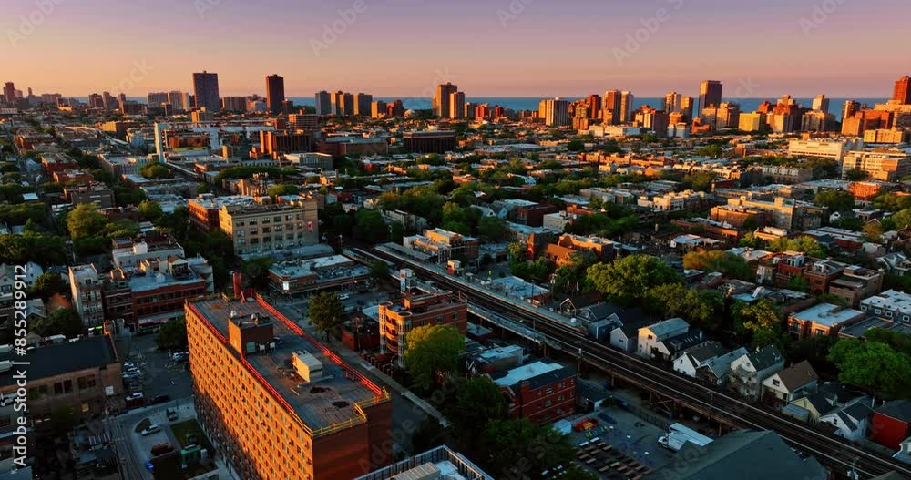 Wall mural high-rise buildings and private houses in the panorama of chicago, illinois, usa. sunset panorama of