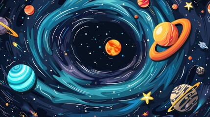 Handdrawn cartoonstyle space illustration of a black hole attracting planets stars and various space objects
