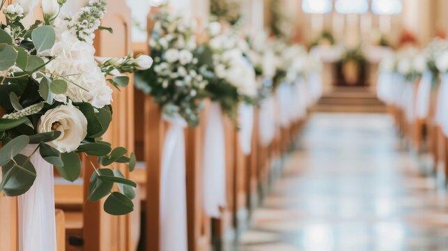 Beautifully decorated church aisle with white floral arrangements and greenery, leading to an altar, perfect for a wedding ceremony.