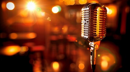 Close-up of a vintage microphone with colorful bokeh lights in the background, evoking a retro vibe and a sense of nostalgia. Ideal for music-themed content.