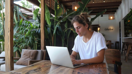 Young woman working on a laptop in a relaxed, open-air workspace filled with tropical plants. Bright, natural light and wooden decor create a serene atmosphere.