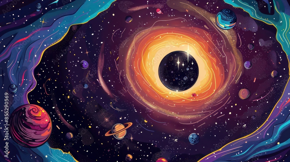 Wall mural handdrawn cartoonstyle space illustration of a black hole attracting planets stars and various space
