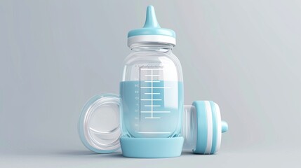 Realistic 3D vector illustration of an empty plastic baby bottle isolated on a white background Includes measurements and a silicone nipple