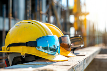 helmets and safety glasses at a construction site