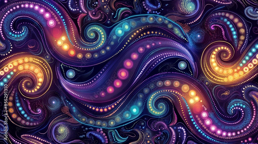 Wall mural abstract vibrant swirling patterns with colorful dots and spirals on a dark background.