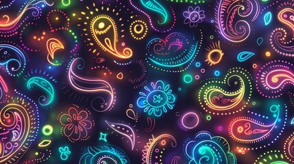 Colorful neon paisley pattern with floral and abstract shapes on a dark background