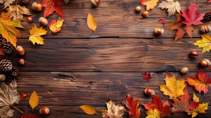 Obraz premium Colorful autumn leaves and acorns text area on wooden background