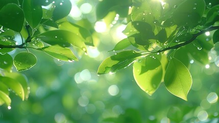   Close-up photo of tree branch with water droplets and sunlight passing through leaves