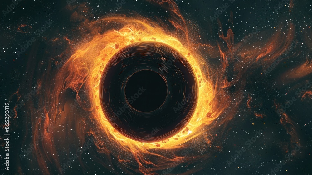Wall mural square astronomical poster with a fantasy print of a black hole featuring hot rotating orange gas cl