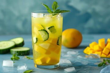 Fototapeta premium Refreshing Mango and Cucumber Agua Fresca with Ice Cubes and Mint Leaves for a Hot Summer Day