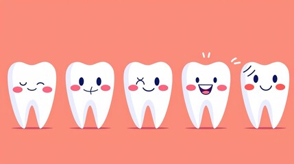 Fototapeta premium Cute cartoon teeth with different expressions on a pink background.