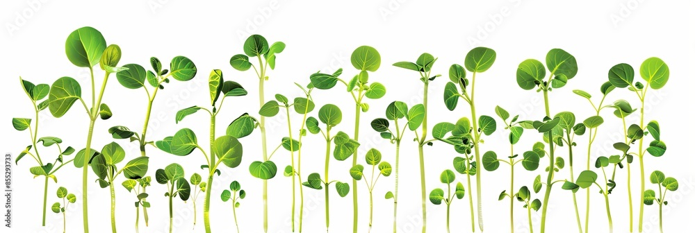 Poster a close-up shot of a group of vibrant green microgreens against a clean white backdrop. generative a