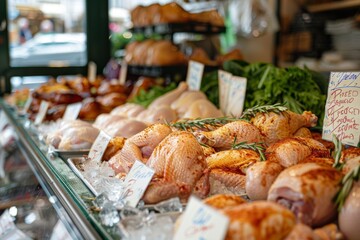 Obraz premium Organic Farmers Market Stall with Fresh Chicken Products and Vegetables for Sale