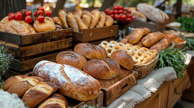 Set-up for an outdoor wedding event with wooden drawers and loaves of bread