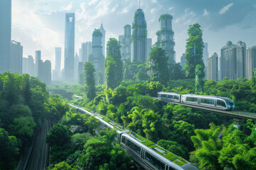 Fototapeta premium Futuristic green cityscape with eco-friendly transport