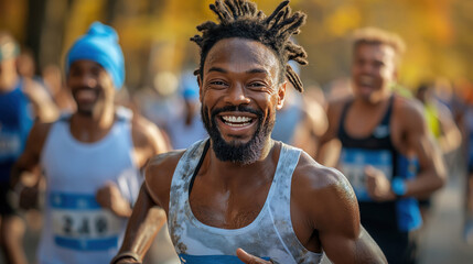 Smiling young man with dreadlocks participating in a marathon, wearing a tank top, surrounded by other runners in a vibrant outdoor setting.