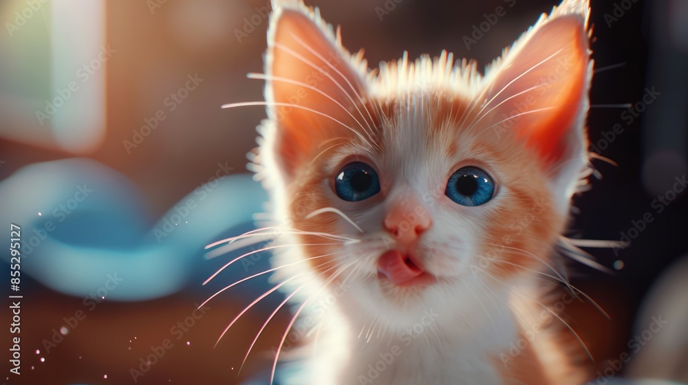 Wall mural an adorable white and red kitten stares at you, its blue eyes shining. it licks its lips, looking hu