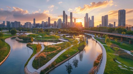 Fototapeta premium Modern Cityscape with Scenic River, Parks, and Walkways at Sunrise - Urban Nature Integration