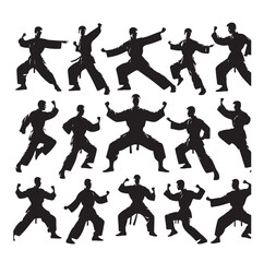 Silhouette of people isolated on white background. Wushu, kung fu, Taekwondo, Aikido. Sports positions. Design elements and icons. Vector illustration. Set