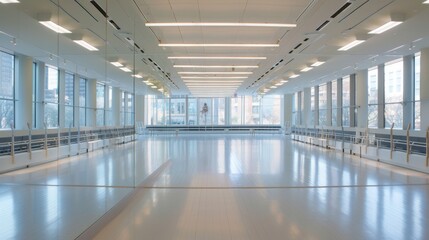 Fototapeta premium This image shows an empty dance studio with large windows and a wooden barre along the sides. The studio is brightly lit with fluorescent lights.