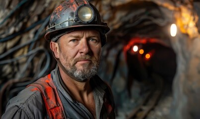 Fototapeta premium A serious-faced miner wears safety helmet with a lamp in dark mine settings