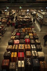 Obraz premium Organized Airport Lost and Found Area with Browsing Travelers and Arranged Luggage Rows