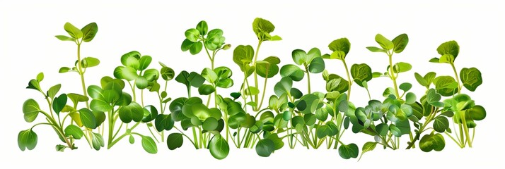 A close-up of fresh microgreens on a plain white background. Generative AI