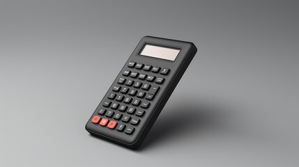 Black calculator on a white background. The calculator is tilted at a 45-degree angle.
