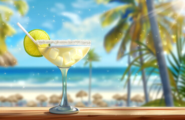 Margarita cocktail with lime garnish and straw on a wooden table by the beach