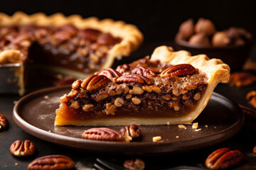 Slice of pecan pie, traditional fall dessert for Thanksgiving