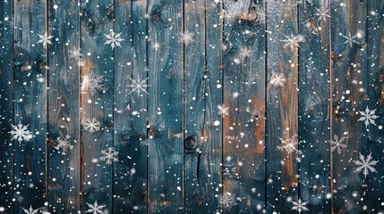 Winter nature background with snowflakes on wooden boards for festive greetings