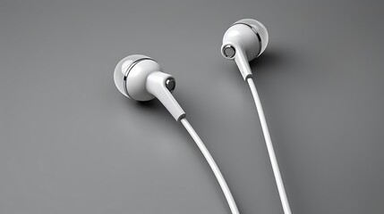 A pair of white earphones on a gray background. The earphones are made of plastic and have a silver ring around the speaker.
