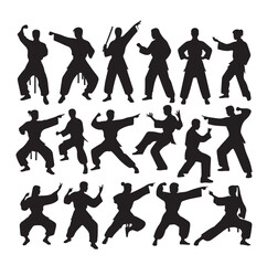 Silhouette of people isolated on white background. Wushu, kung fu, Taekwondo, Aikido. Sports positions. Design elements and icons. Vector illustration. Set