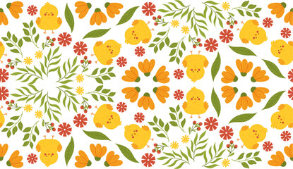 Obraz premium Seamless spring pattern with flowers and chicks in a cute, hand-drawn vector style. Ideal for textiles, packaging, and festive decorations.