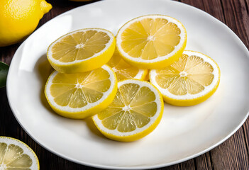 Sliced lemon on plate. Healthy citrus fruit