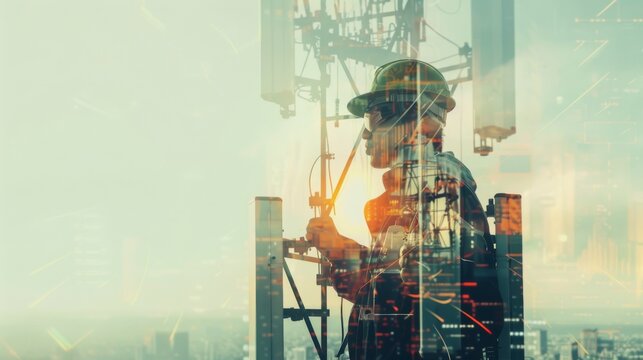 Telecommunication tower with maintenance worker.